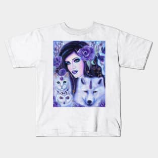 Diana goddess with wolf, owl, cat by Renee Lavoie Kids T-Shirt